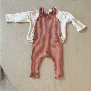 Zara Ribbed Pink Overalls with Cream Top set
